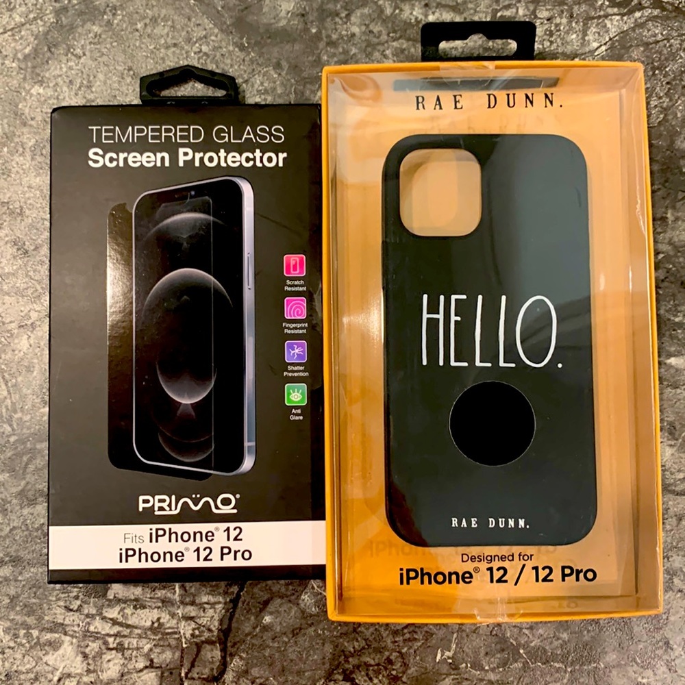 iPhone 12/12 pro Rae Dunn phone case and screen protector.